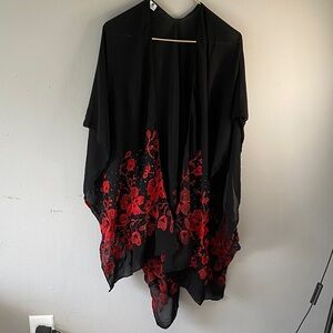 Jessica McClintock Black Poncho with Red Floral Design